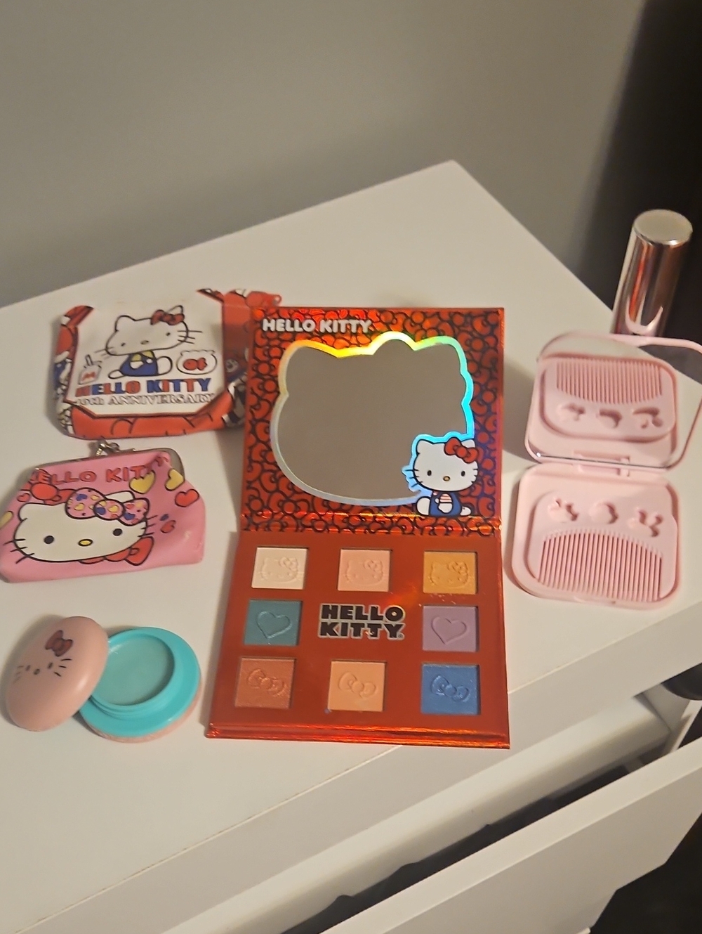 Hello Kitty Bundle- 2 Coin Purses, Eyeshadow Palet, Comb With Mirror & Lip Balm